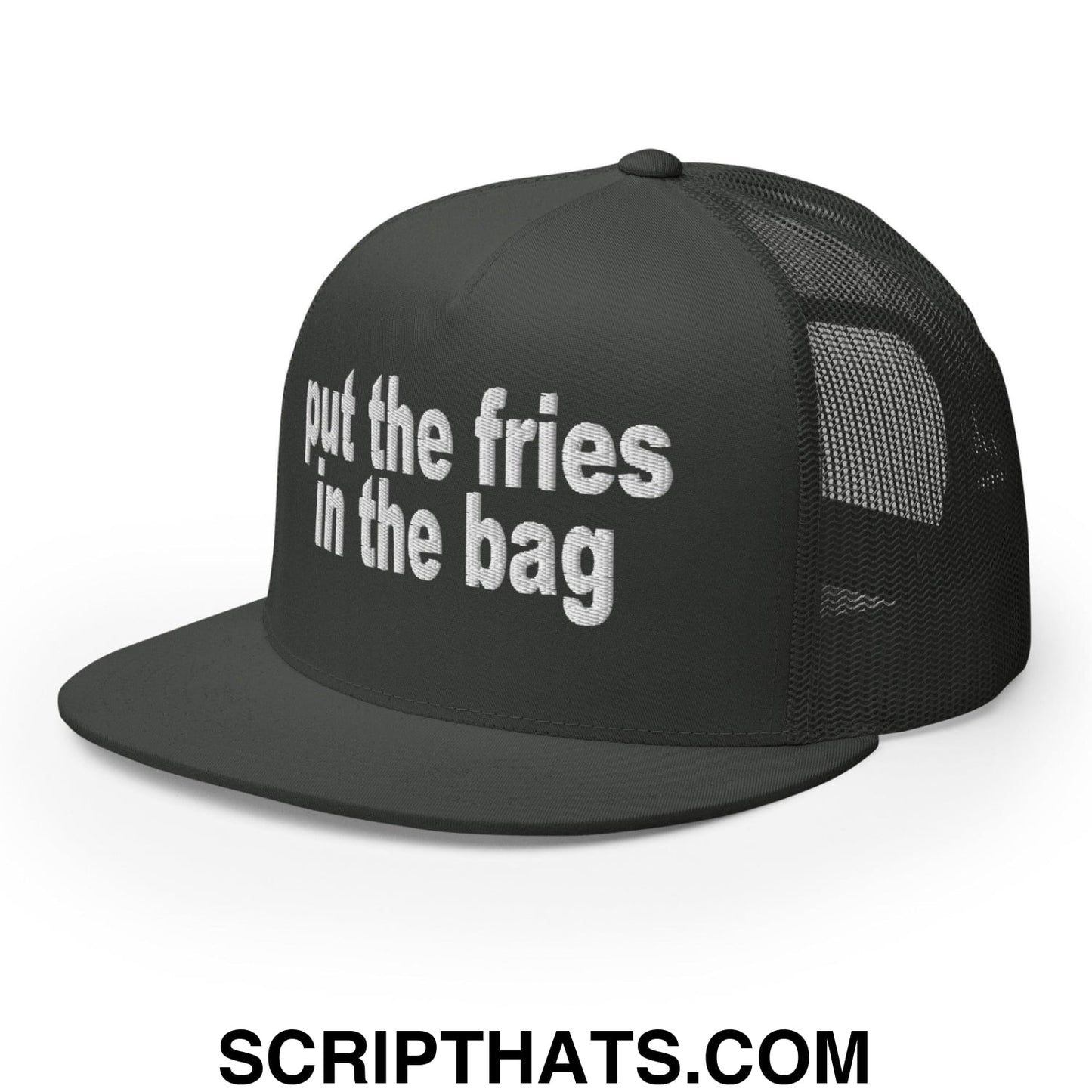 Put the Fries in the Bag Embroidered Mesh Flat Bill Brim Trucker Hat Charcoal