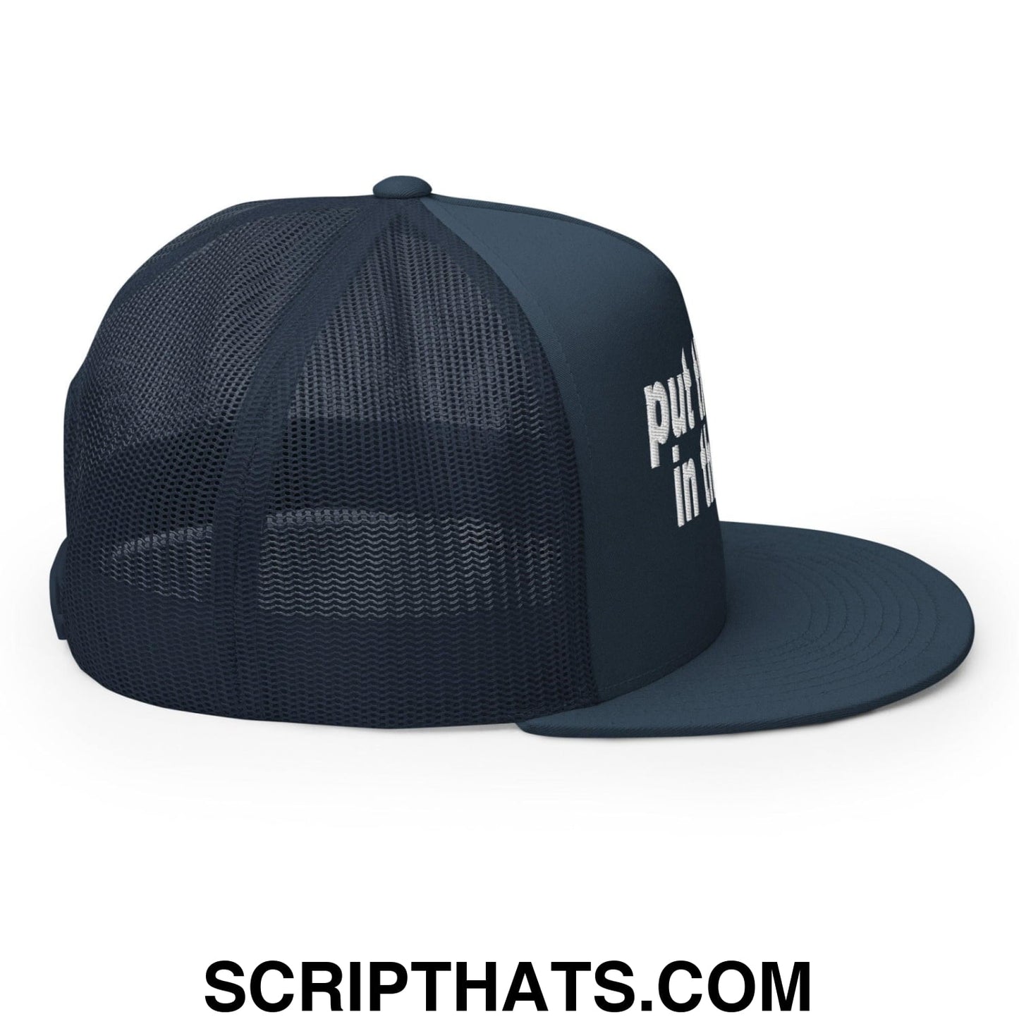 Put the Fries in the Bag Embroidered Mesh Flat Bill Brim Trucker Hat Navy