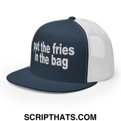 Put the Fries in the Bag Embroidered Mesh Flat Bill Brim Trucker Hat Navy White