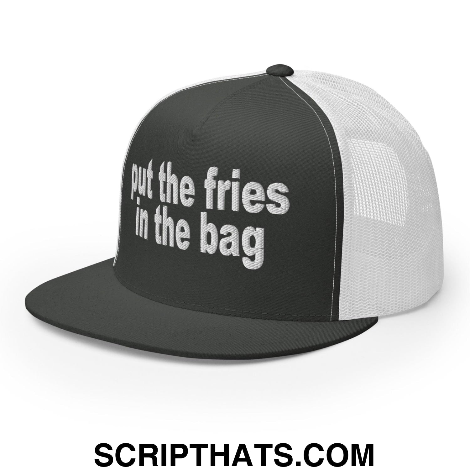 Put the Fries in the Bag Embroidered Mesh Flat Bill Brim Trucker Hat Charcoal White