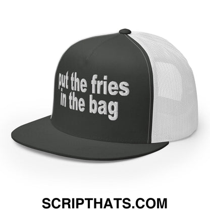 Put the Fries in the Bag Embroidered Mesh Flat Bill Brim Trucker Hat Charcoal White