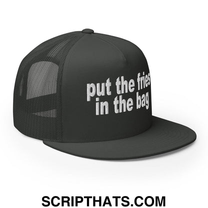 Put the Fries in the Bag Embroidered Mesh Flat Bill Brim Trucker Hat Charcoal