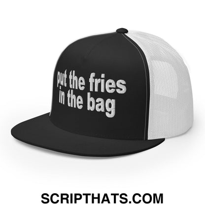 Put the Fries in the Bag Embroidered Mesh Flat Bill Brim Trucker Hat Black White