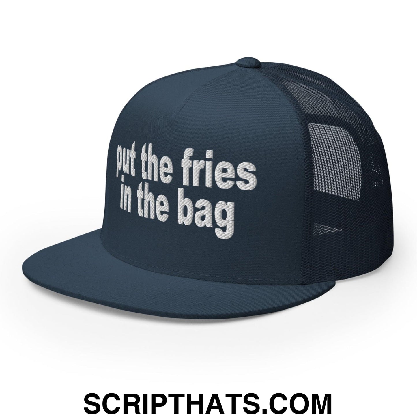 Put the Fries in the Bag Embroidered Mesh Flat Bill Brim Trucker Hat Navy