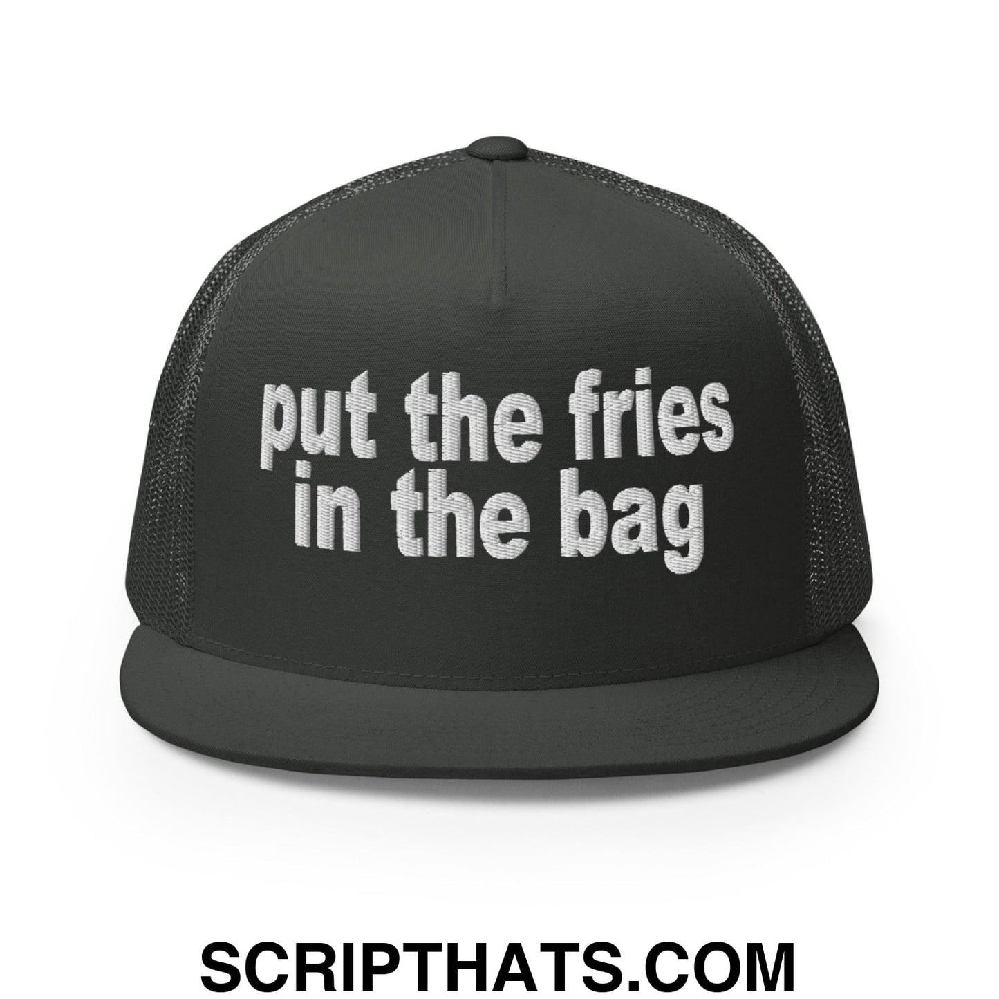 Put the Fries in the Bag Embroidered Mesh Flat Bill Brim Trucker Hat Charcoal