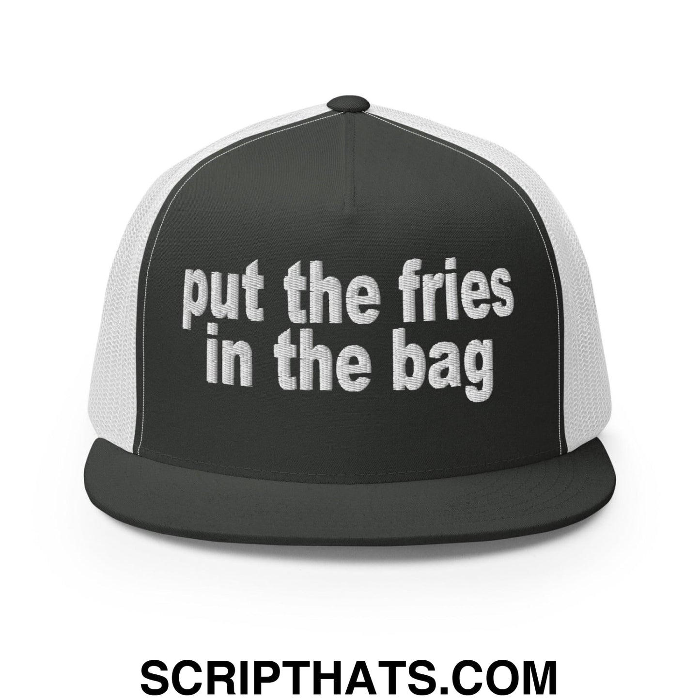 Put the Fries in the Bag Embroidered Mesh Flat Bill Brim Trucker Hat Charcoal White