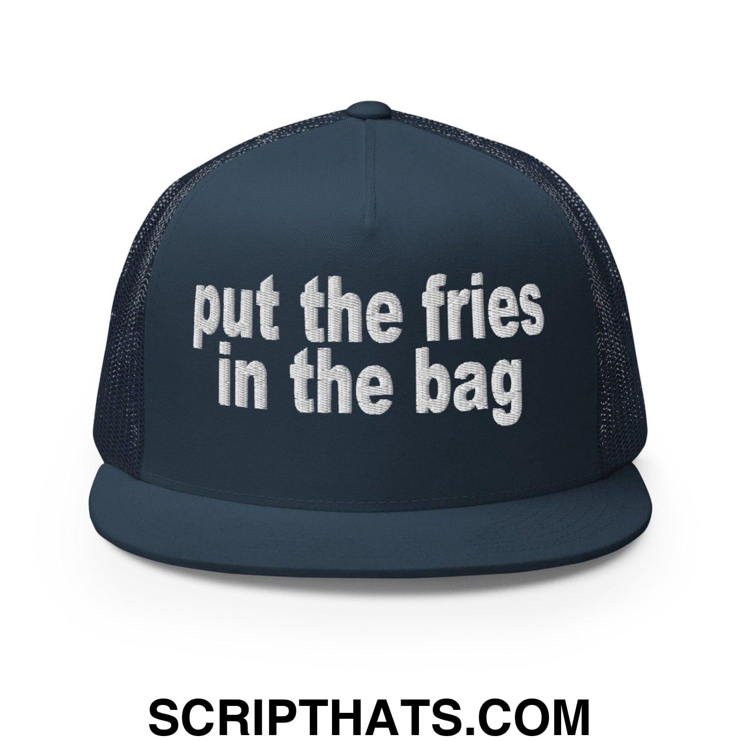 Put the Fries in the Bag Embroidered Mesh Flat Bill Brim Trucker Hat Navy