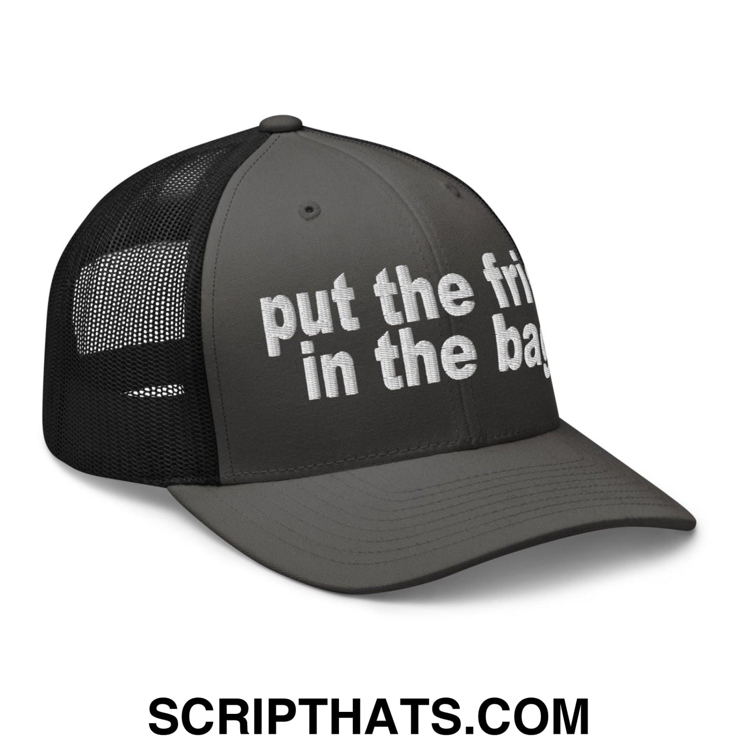 Put the Fries in the Bag Embroidered Mesh Trucker Hat Charcoal Black