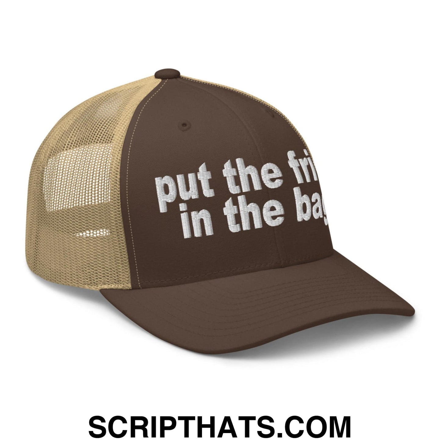 Put the Fries in the Bag Embroidered Mesh Trucker Hat Brown Khaki