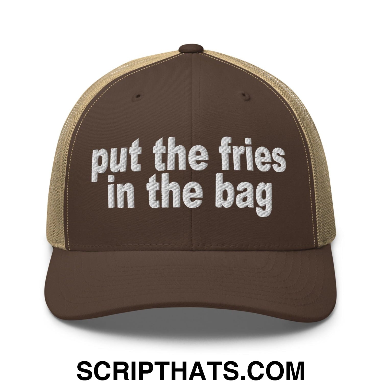 Put the Fries in the Bag Embroidered Mesh Trucker Hat Brown Khaki