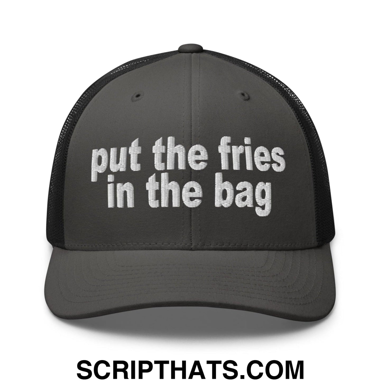 Put the Fries in the Bag Embroidered Mesh Trucker Hat Charcoal Black