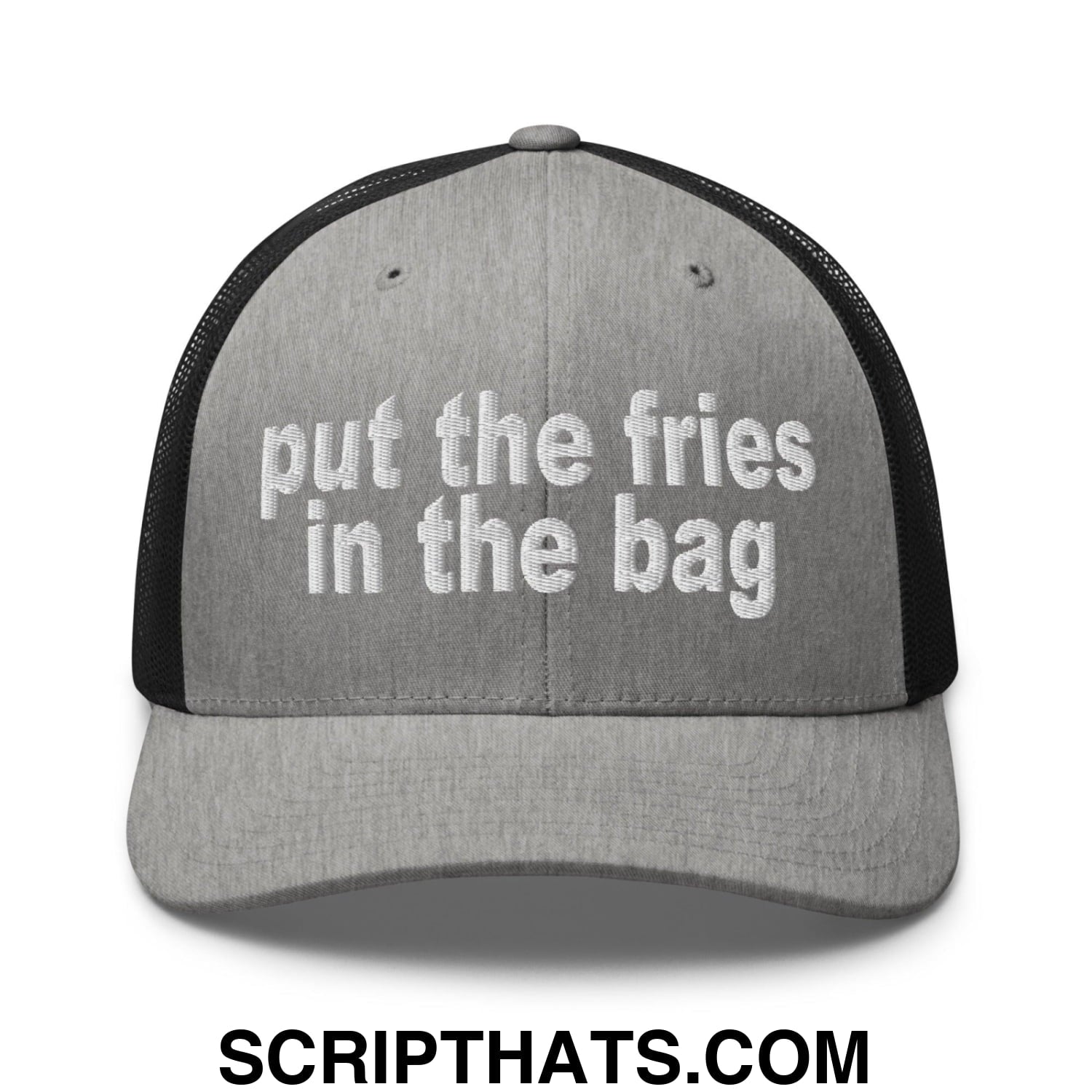 Put the Fries in the Bag Embroidered Mesh Trucker Hat Heather Black