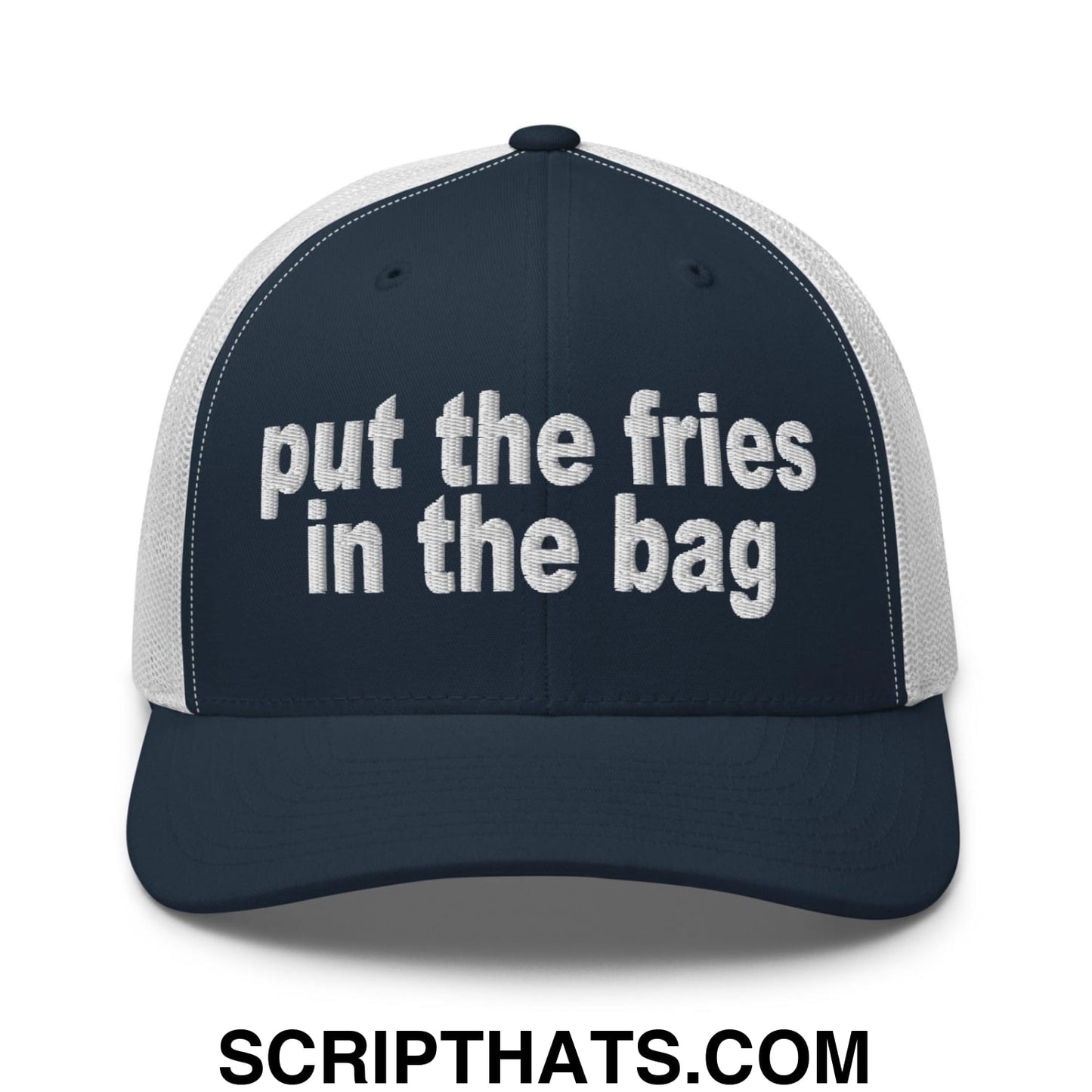 Put the Fries in the Bag Embroidered Mesh Trucker Hat Navy White