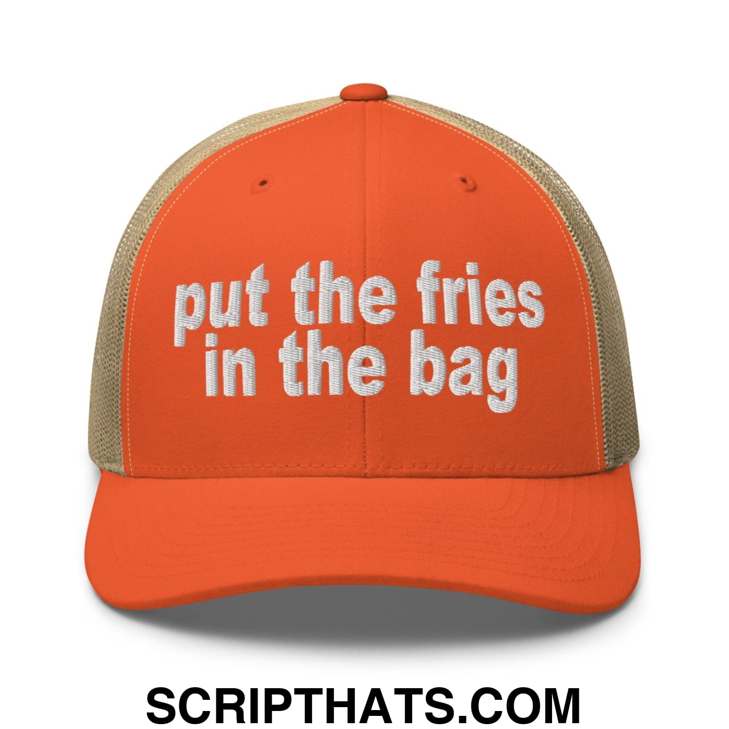 Put the Fries in the Bag Embroidered Mesh Trucker Hat Rustic Orange Khaki