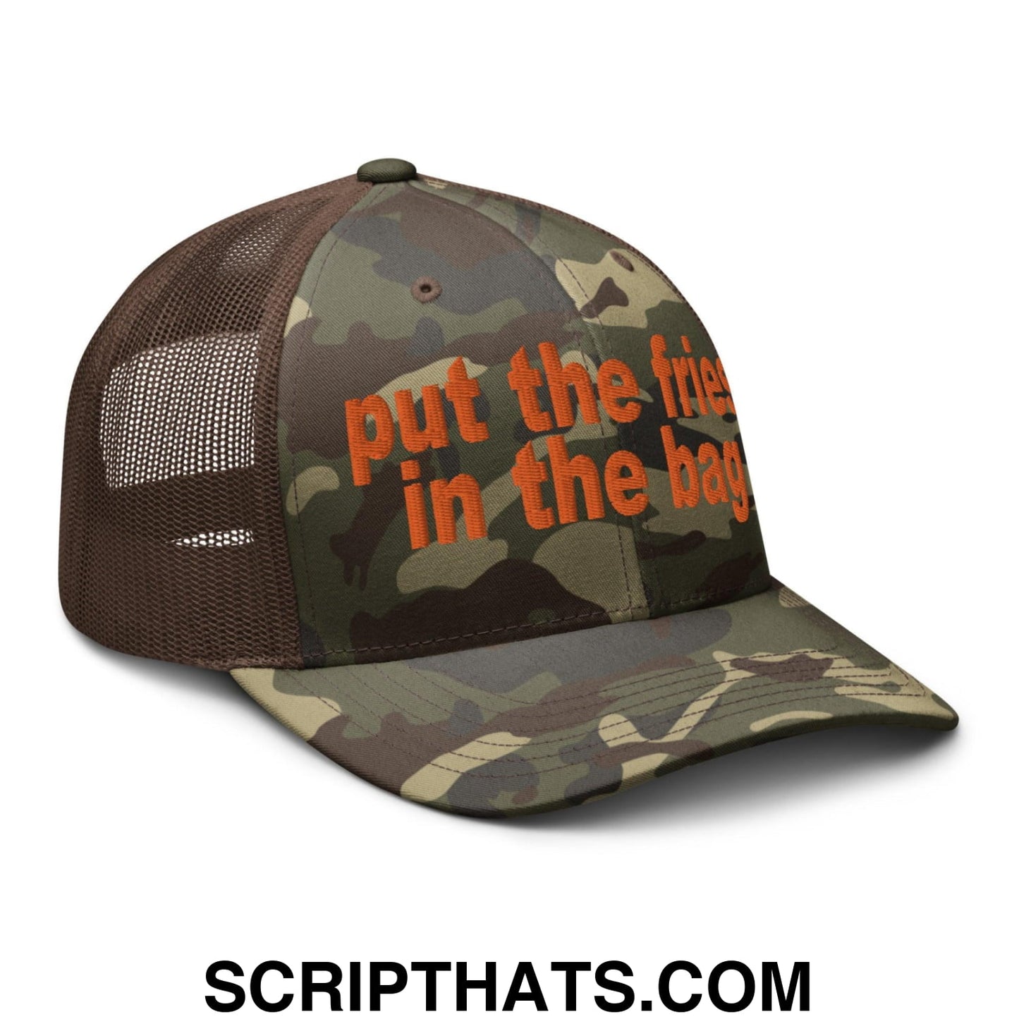 Put the Fries in the Bag Embroidered Orange Camo Trucker Hat Camo Brown