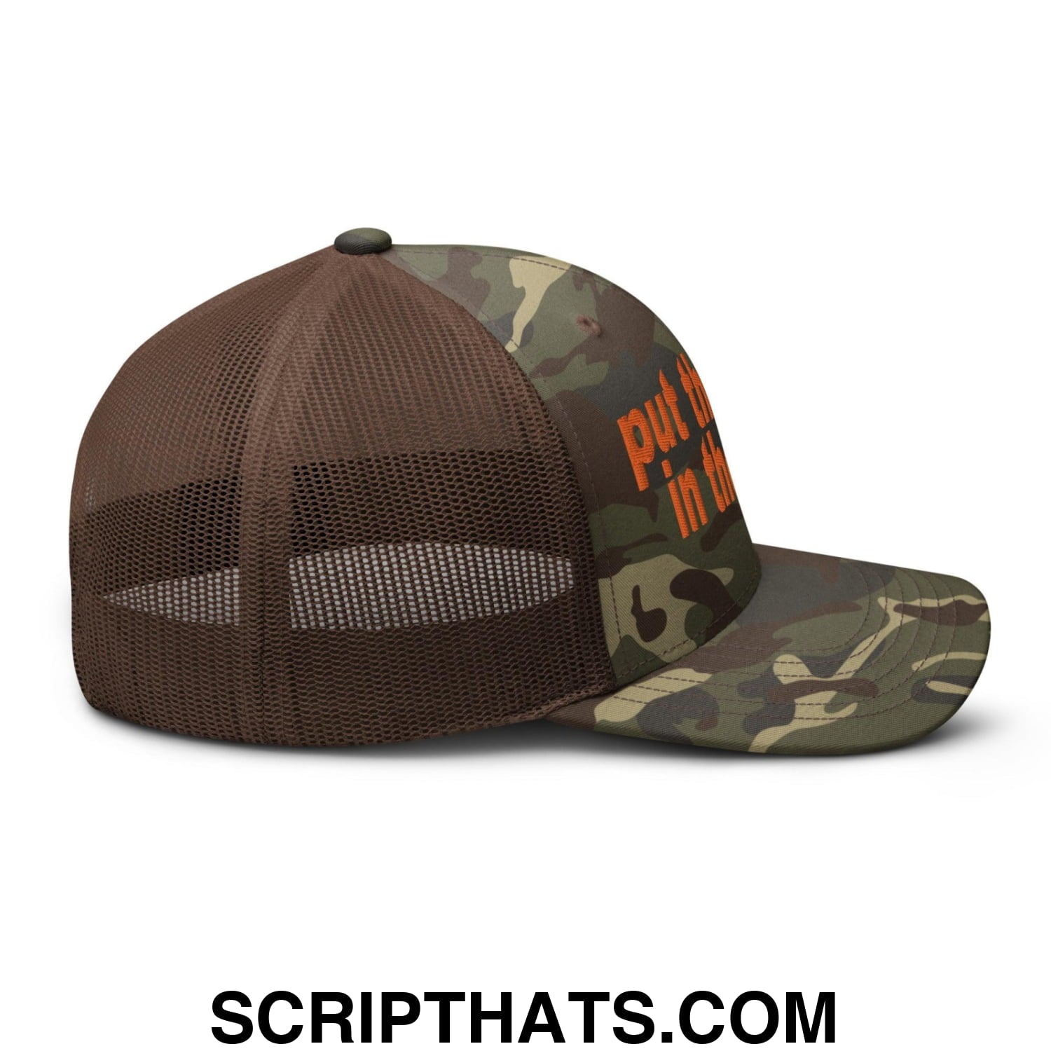 Put the Fries in the Bag Embroidered Orange Camo Trucker Hat Camo Brown