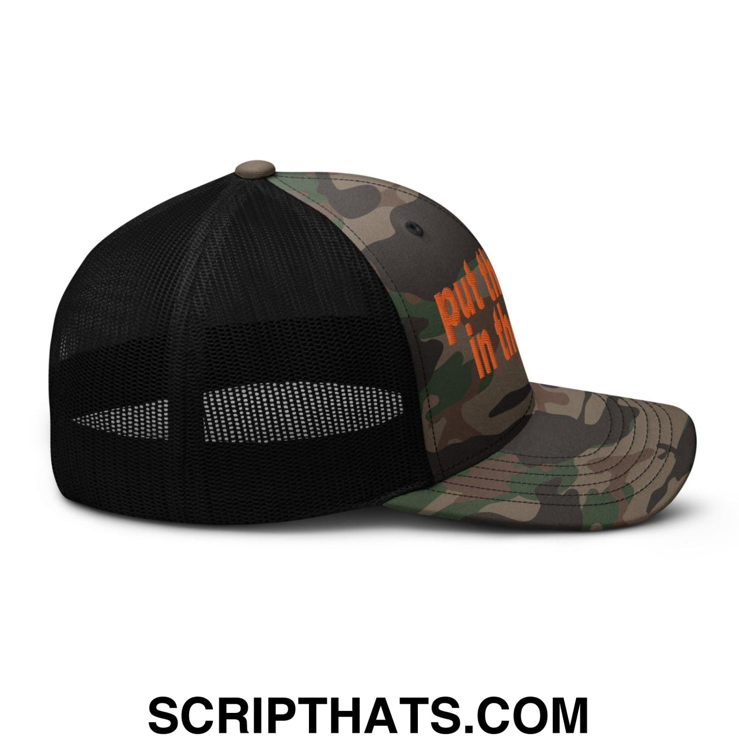 Put the Fries in the Bag Embroidered Orange Camo Trucker Hat Camo Black