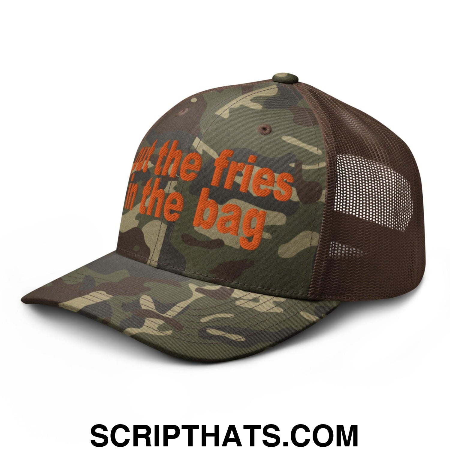 Put the Fries in the Bag Embroidered Orange Camo Trucker Hat Camo Brown