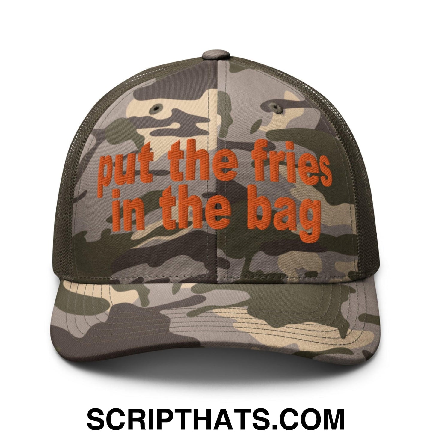 Put the Fries in the Bag Embroidered Orange Camo Trucker Hat Camo Olive