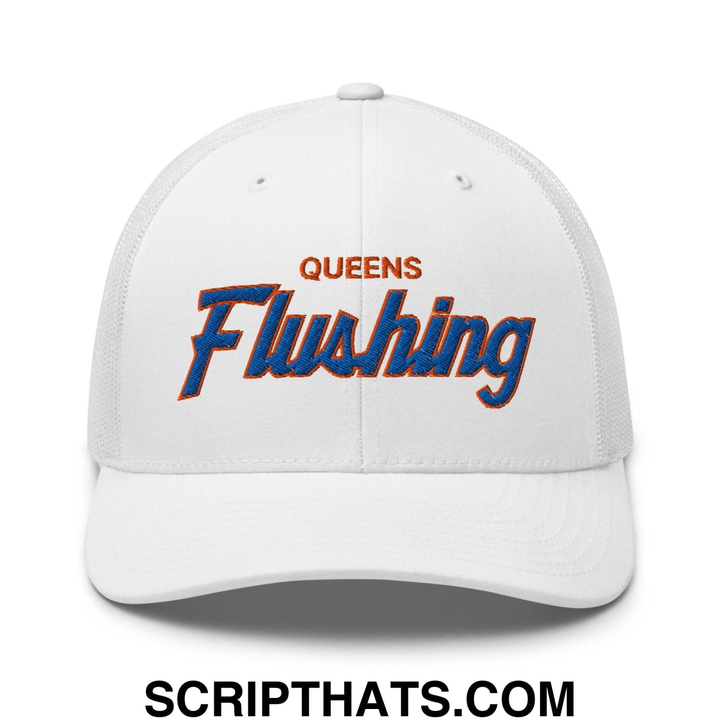 Queens Flushing NYC Vintage Sports Script Embroidered Mesh Trucker Hat Default Title