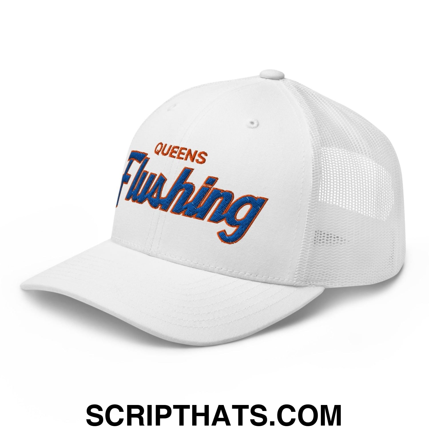 Queens Flushing NYC Vintage Sports Script Embroidered Mesh Trucker Hat Default Title