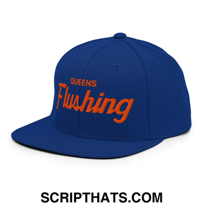 Queens Flushing NYC Vintage Sports Script Flat Bill Brim Snapback Hat Default Title