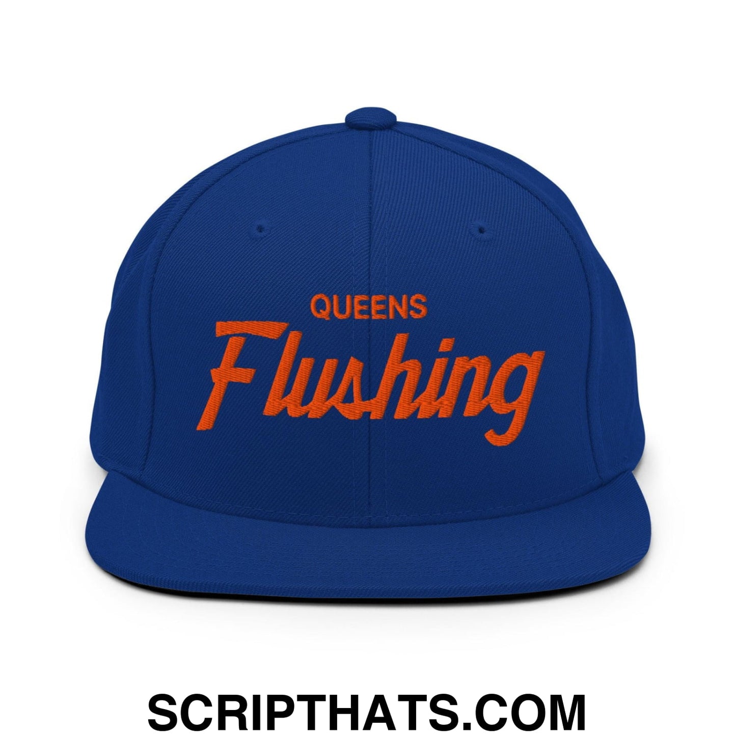 Queens Flushing NYC Vintage Sports Script Flat Bill Brim Snapback Hat Default Title
