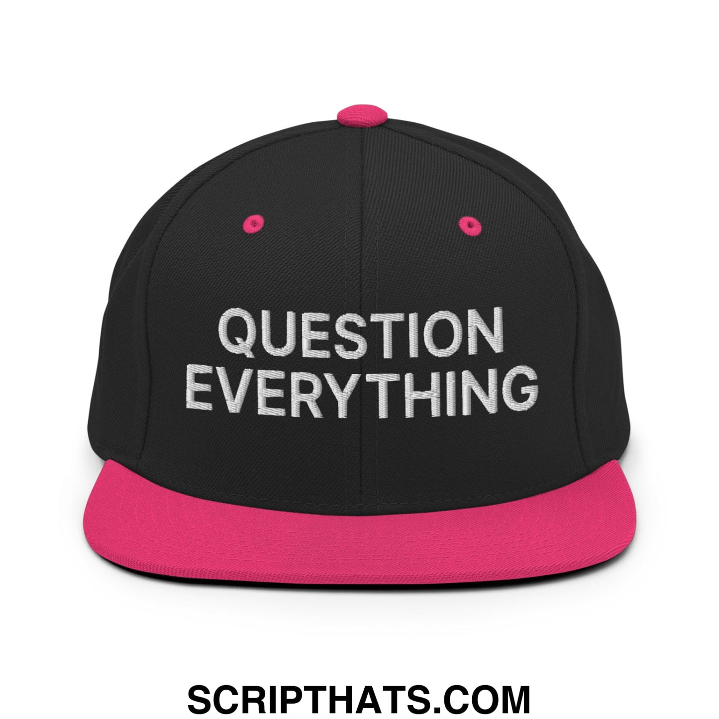 Question Everything Embroidered Flat Bill Brim Snapback Hat Black Neon Pink