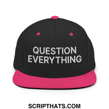 Question Everything Embroidered Flat Bill Brim Snapback Hat Black Neon Pink