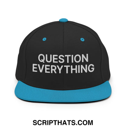 Question Everything Embroidered Flat Bill Brim Snapback Hat Black Teal
