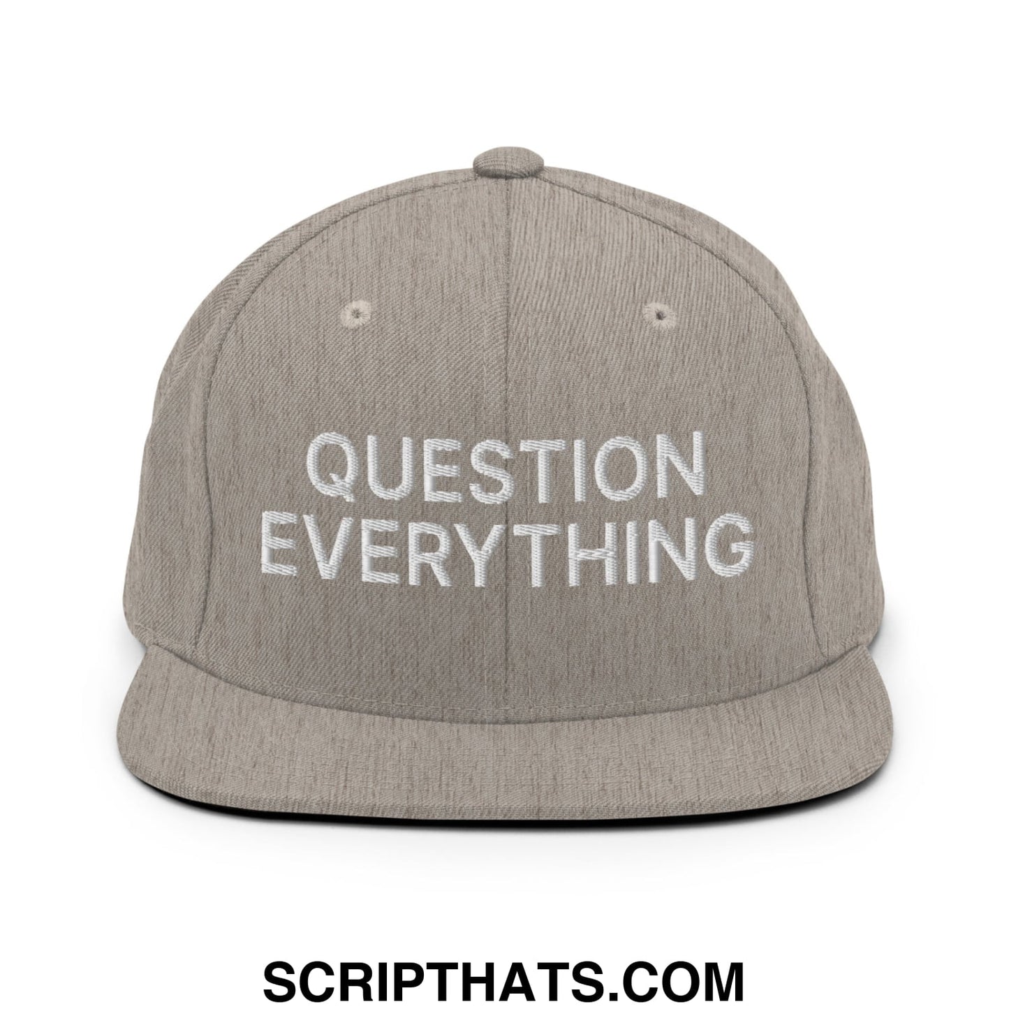Question Everything Embroidered Flat Bill Brim Snapback Hat Heather Grey