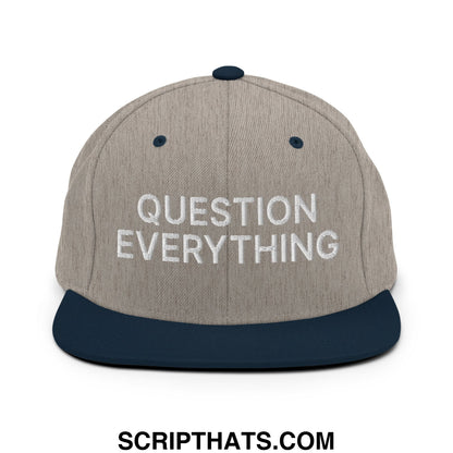 Question Everything Embroidered Flat Bill Brim Snapback Hat Heather Grey Navy