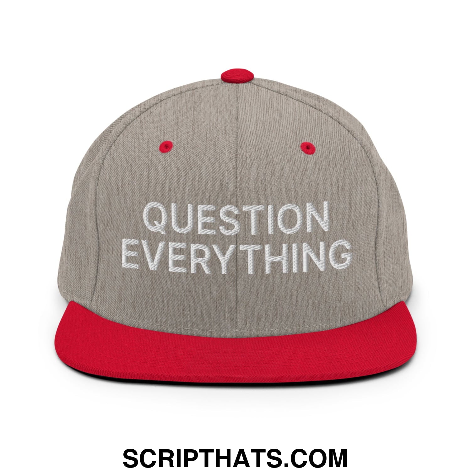 Question Everything Embroidered Flat Bill Brim Snapback Hat Heather Grey Red