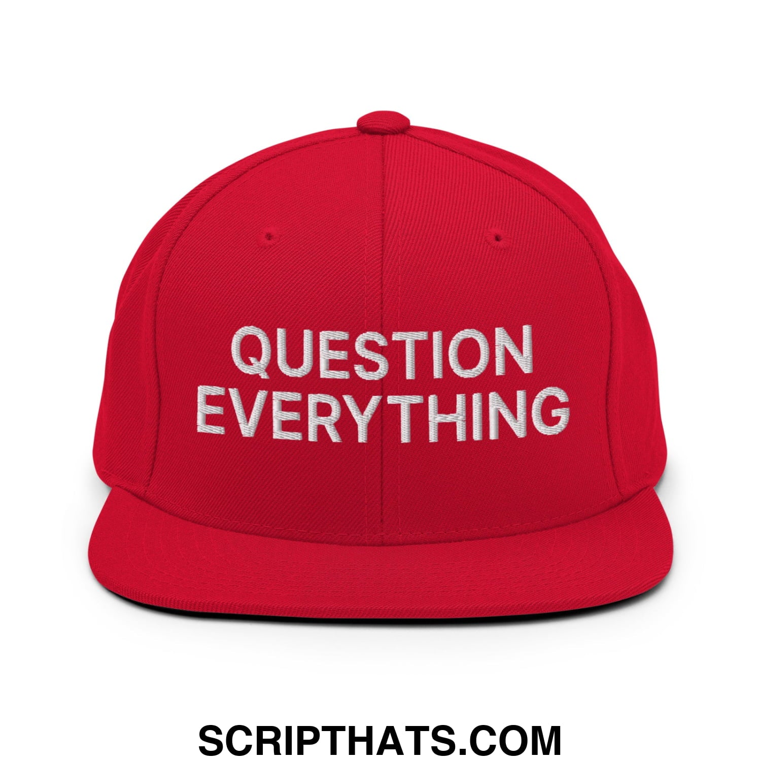Question Everything Embroidered Flat Bill Brim Snapback Hat Red