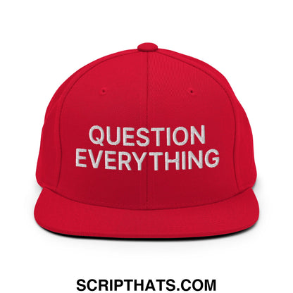 Question Everything Embroidered Flat Bill Brim Snapback Hat Red