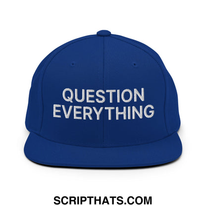 Question Everything Embroidered Flat Bill Brim Snapback Hat Royal Blue