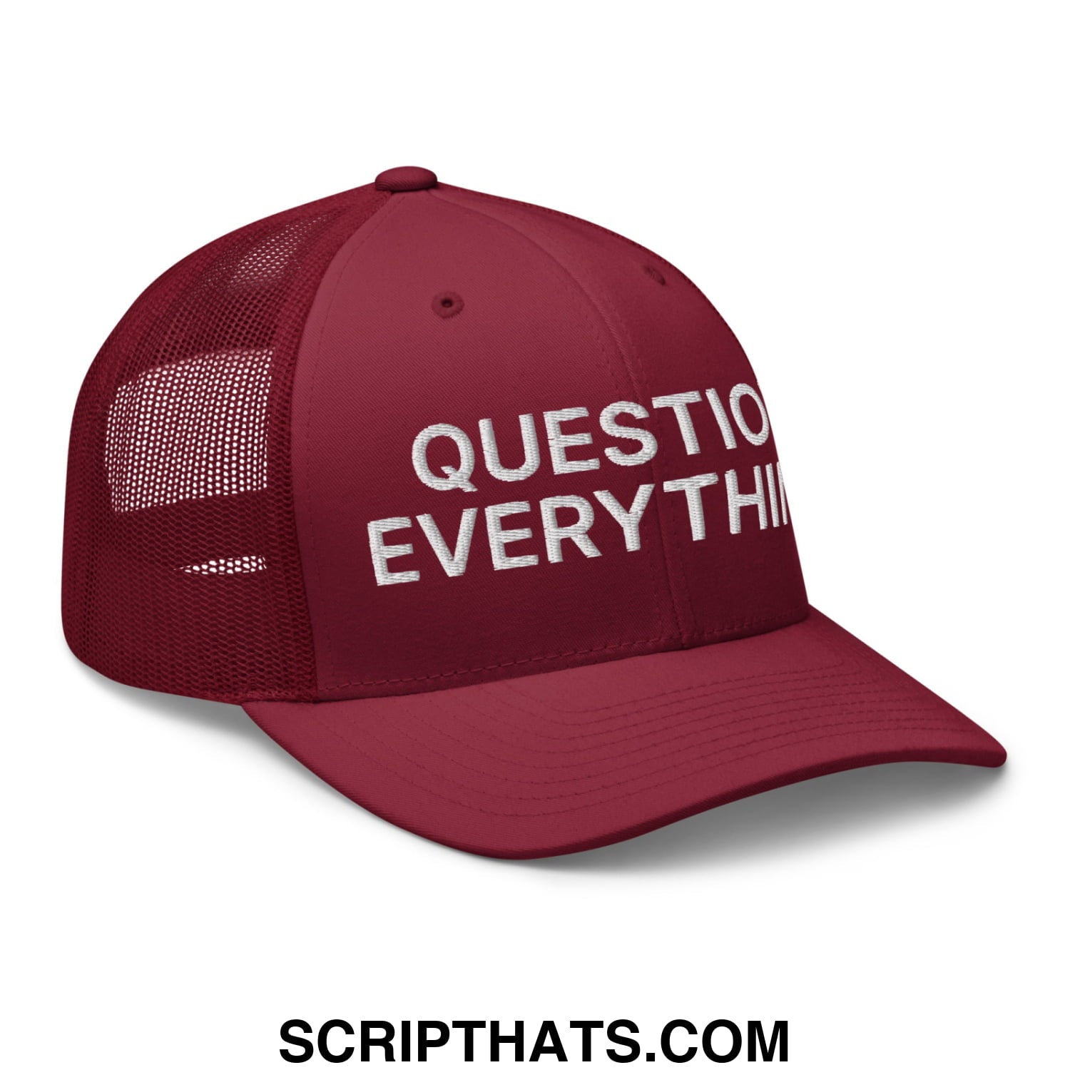 Question Everything Embroidered Mesh Trucker Hat Cranberry