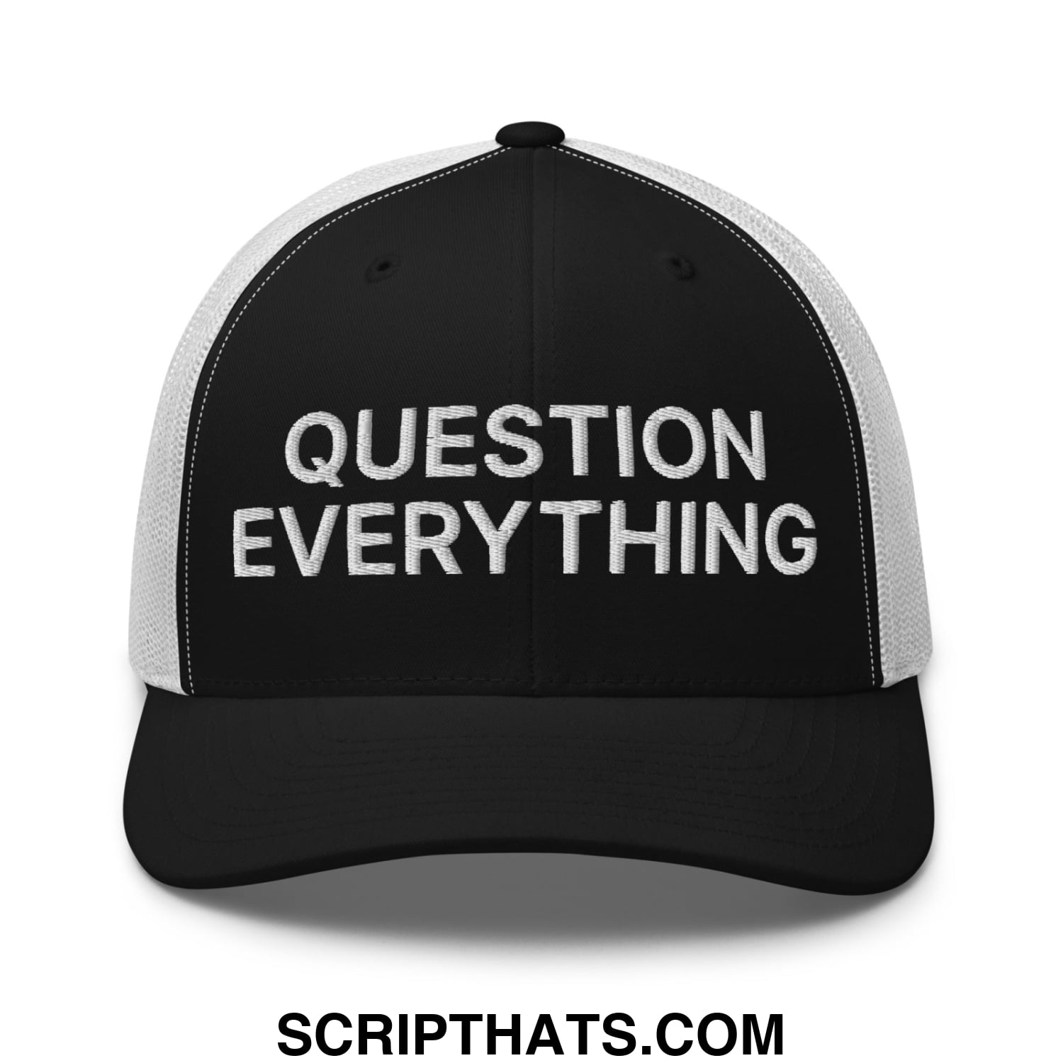 Question Everything Embroidered Mesh Trucker Hat Black White