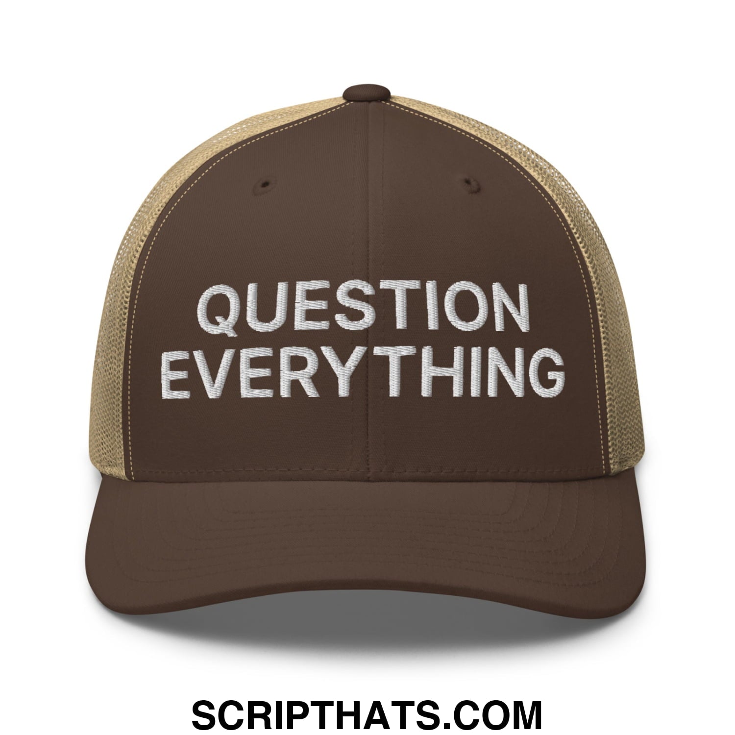 Question Everything Embroidered Mesh Trucker Hat Brown Khaki