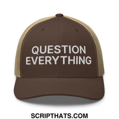 Question Everything Embroidered Mesh Trucker Hat Brown Khaki