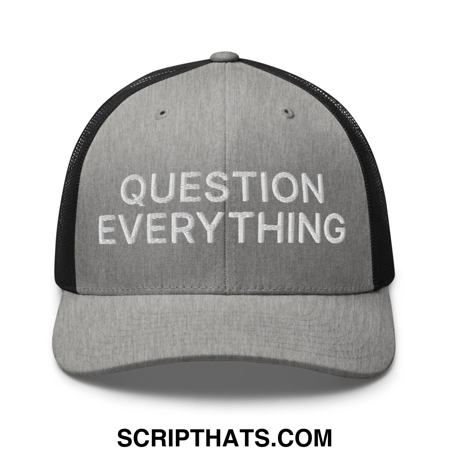 Question Everything Embroidered Mesh Trucker Hat Heather Black