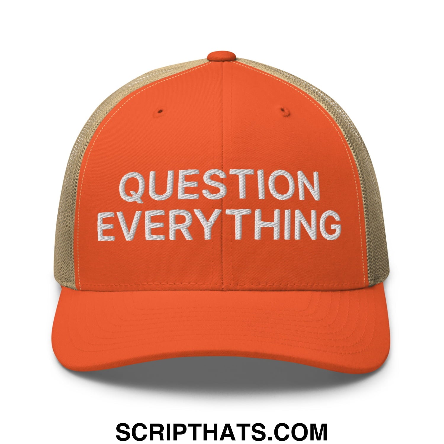 Question Everything Embroidered Mesh Trucker Hat Rustic Orange Khaki