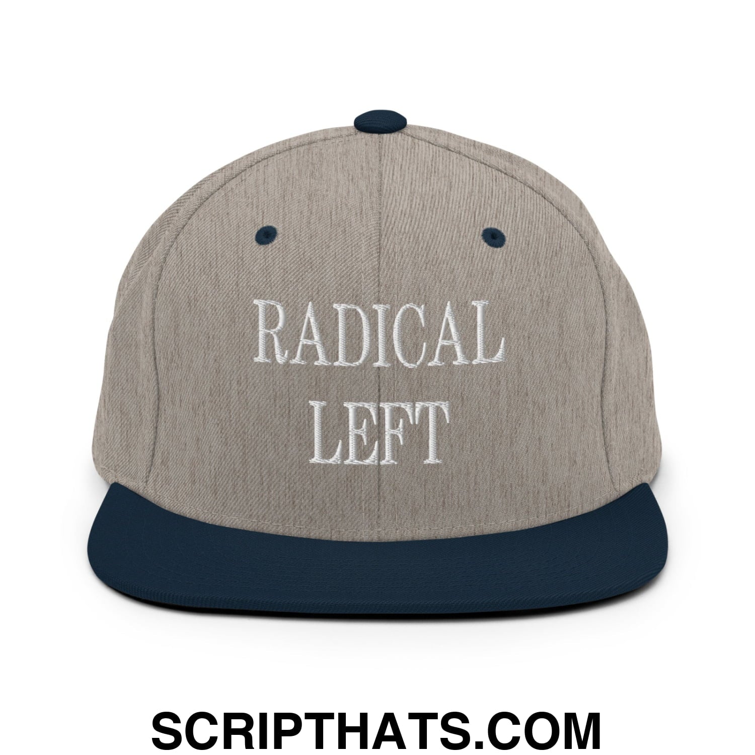 Radical Left Embroidered Flat Bill Brim Snapback Hat Heather Grey Navy