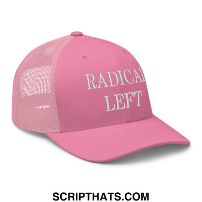 Pink mesh trucker hat with white embroidered radical left text on front for casual and stylish wear