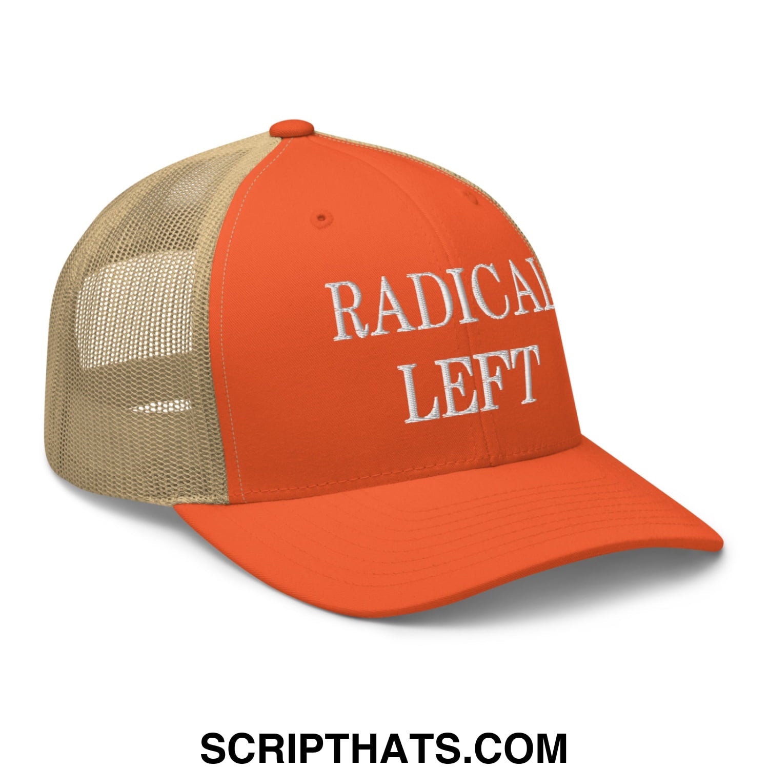 Radical Left Embroidered Mesh Trucker Hat Rustic Orange Khaki