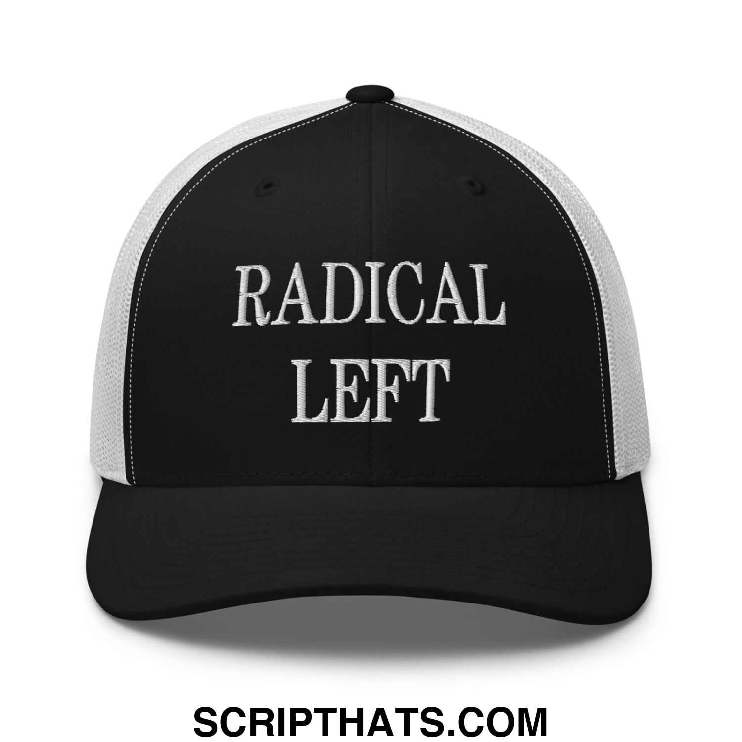 Radical Left Embroidered Mesh Trucker Hat Black White