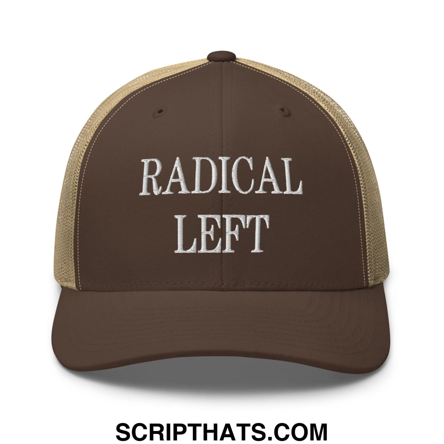 Radical Left Embroidered Mesh Trucker Hat Brown Khaki