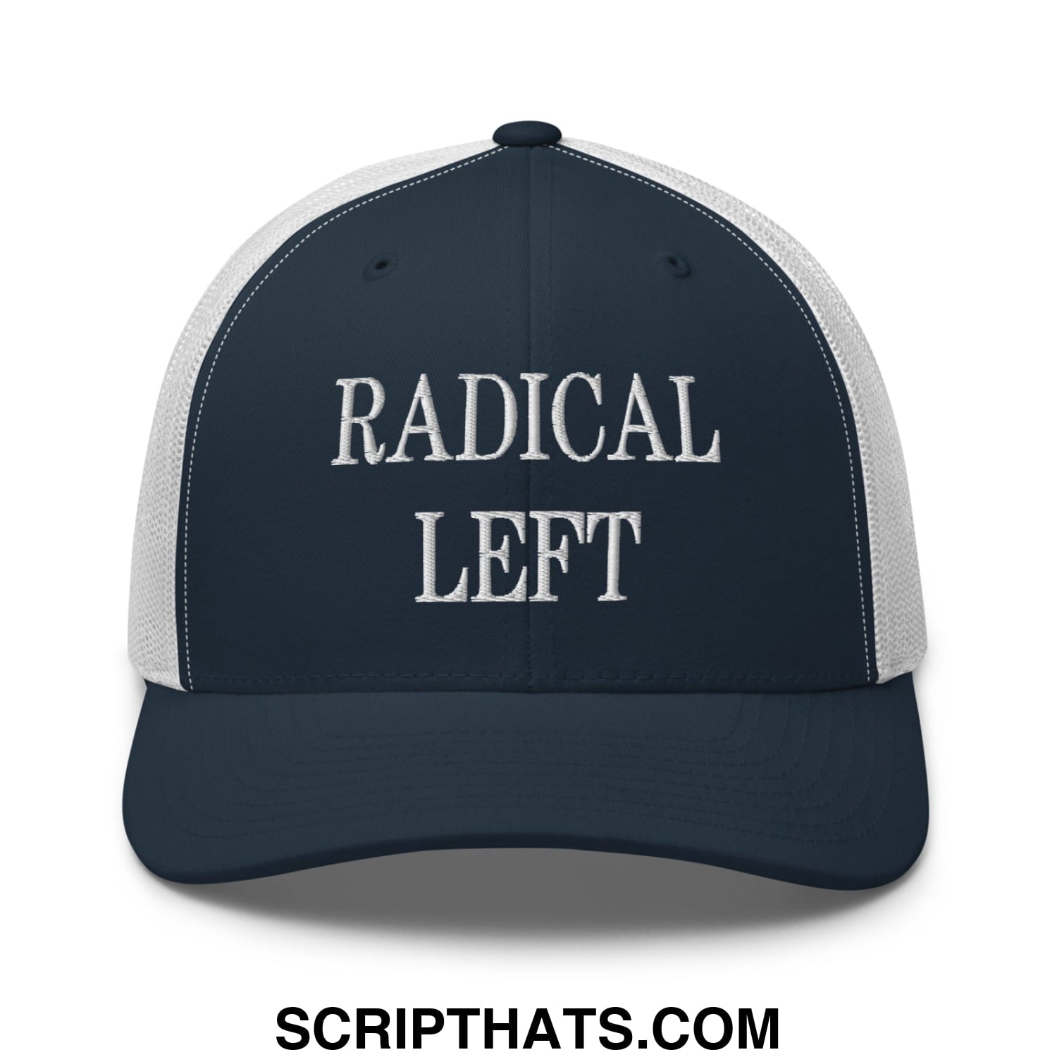 Radical Left Embroidered Mesh Trucker Hat Navy White