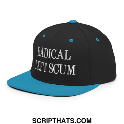 Black snapback cap with teal flat brim and button featuring white embroidered radical left scum text