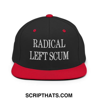 Black and red snapback hat with white embroidered radical left scum text and flat bill brim